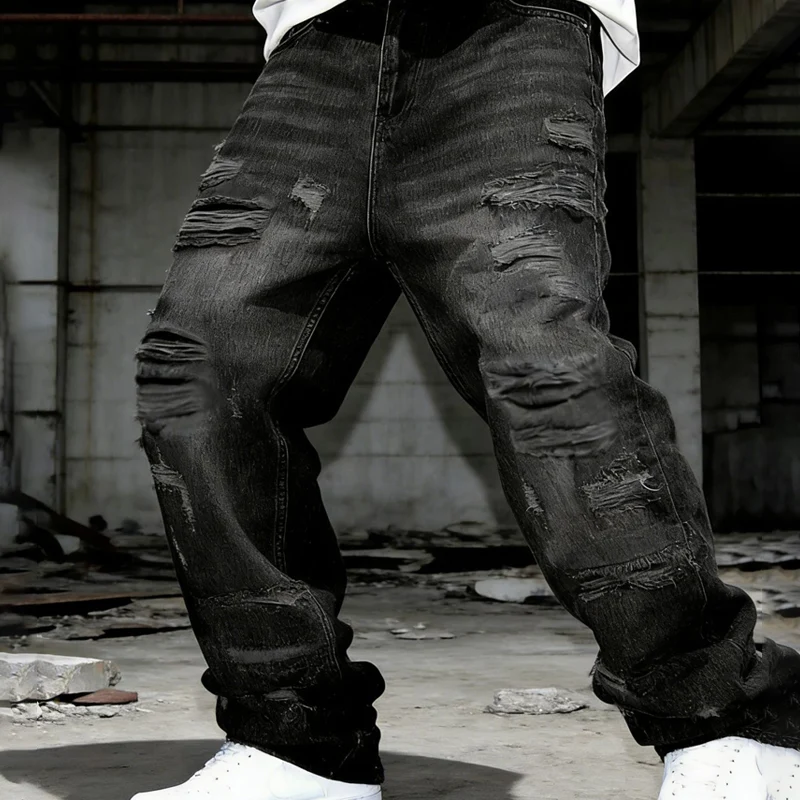 Lässige Herren Patchwork Jeans | Straight-Leg-Jeans mit lockerer Passform