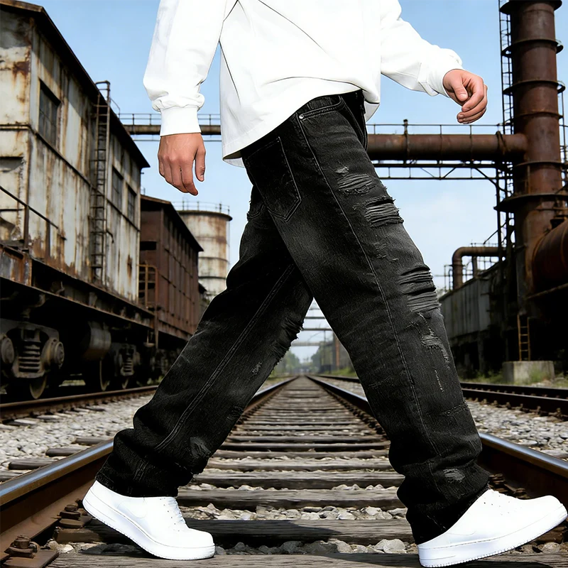Lässige Herren Patchwork Jeans | Straight-Leg-Jeans mit lockerer Passform