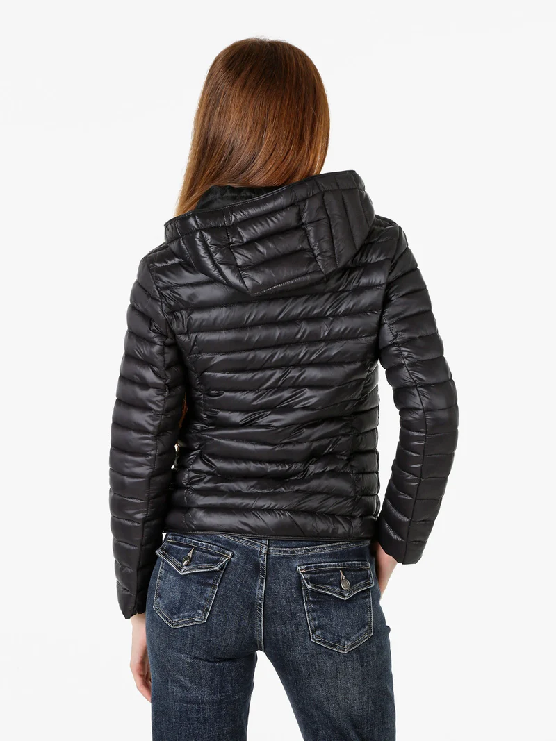 Giubbotto donna imbottito con cappuccio removibile e zip - nero