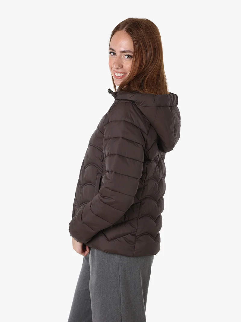 Giubbotto donna imbottito con cappuccio e zip - moro