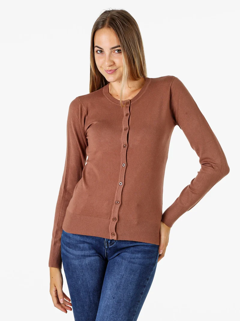 Cardigan donna in maglia con bottoni - cuoio