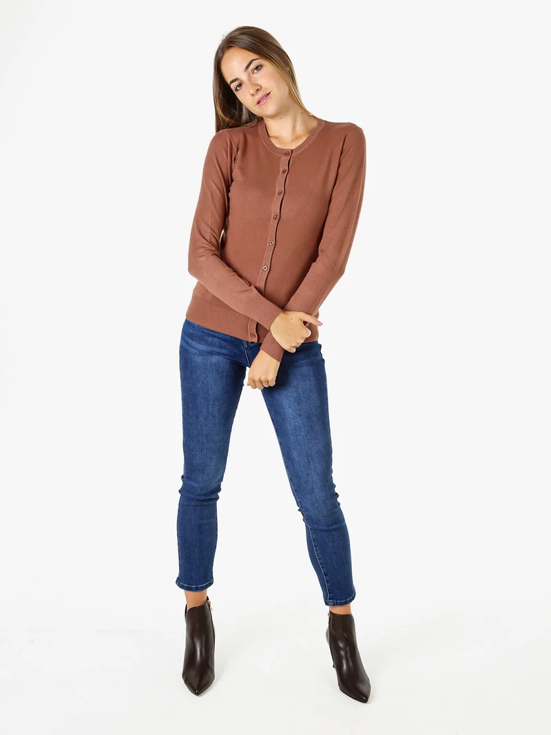 Cardigan donna in maglia con bottoni - cuoio