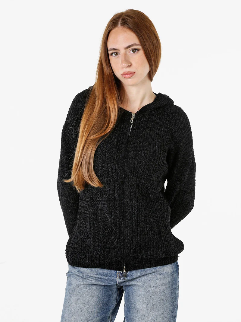 Felpa da donna in ciniglia con cappuccio e zip - nero