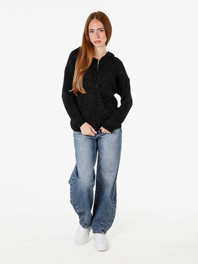 Felpa da donna in ciniglia con cappuccio e zip - nero