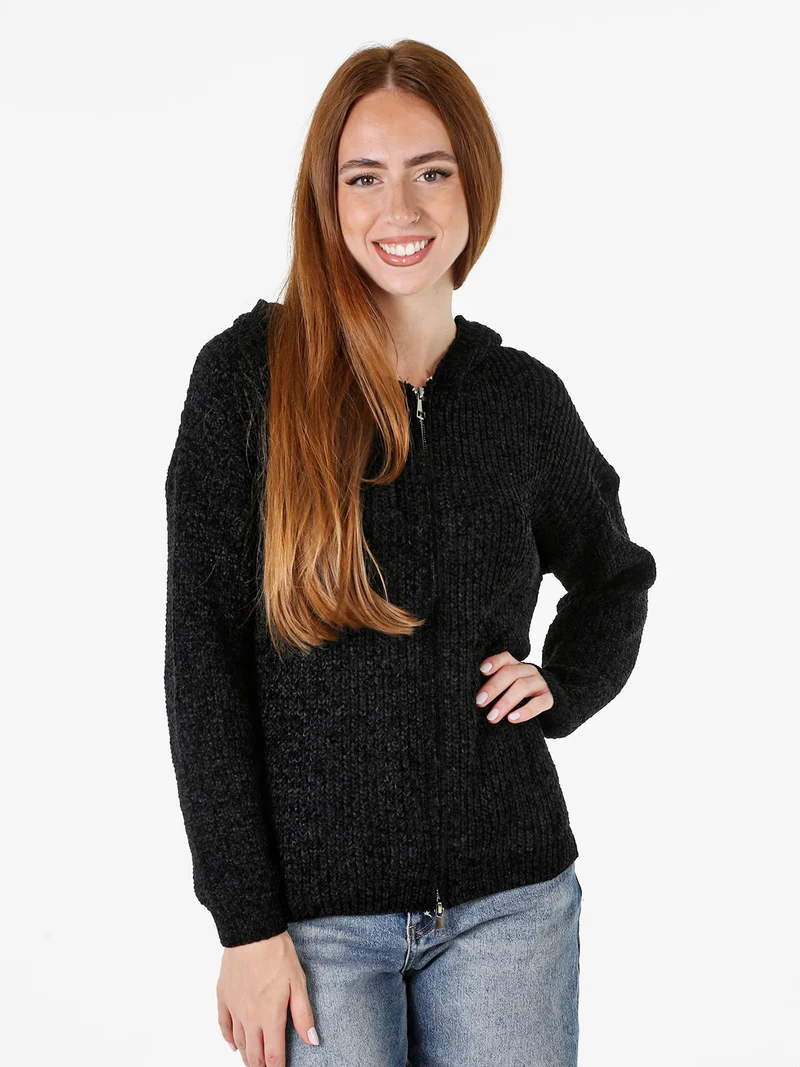 Felpa da donna in ciniglia con cappuccio e zip - nero