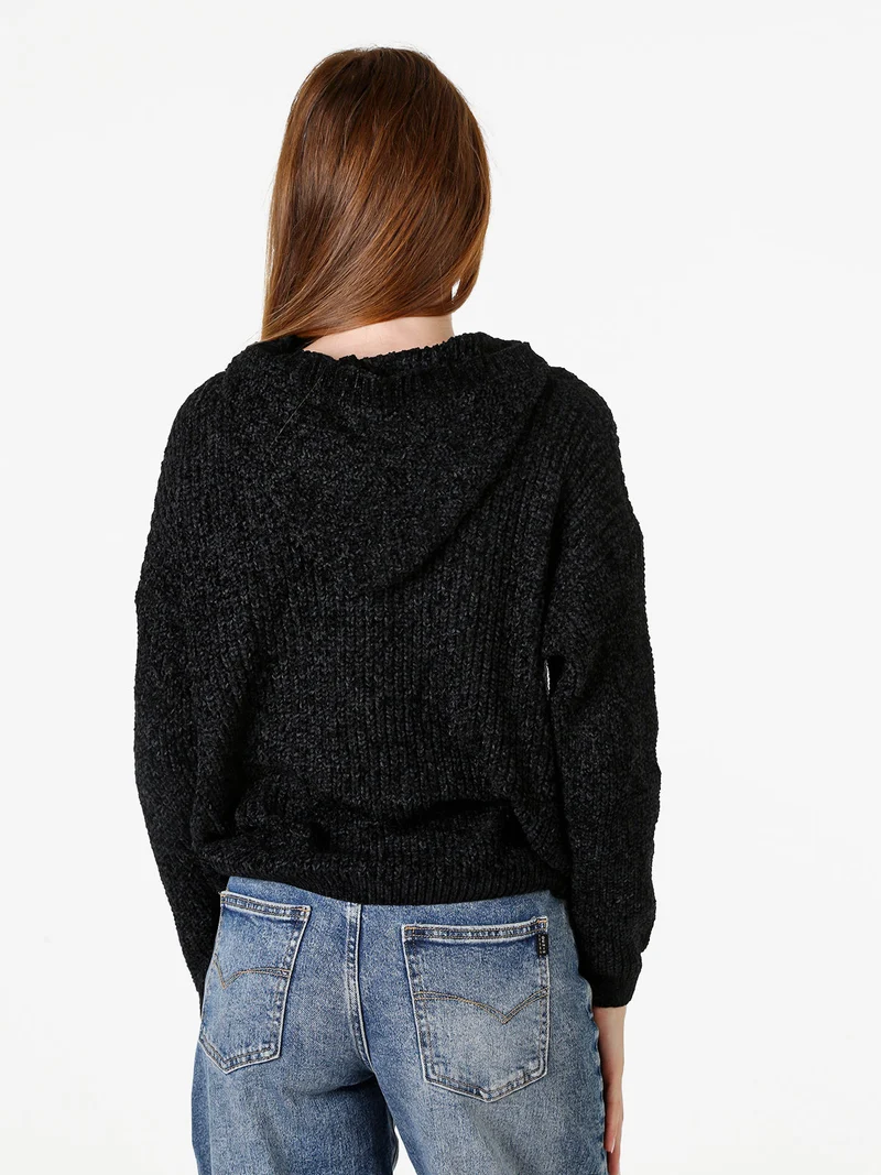Felpa da donna in ciniglia con cappuccio e zip - nero