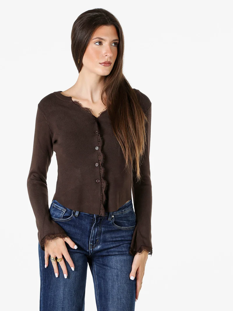 Cardigan donna in maglia con bottoni e maniche a campana con dettagli in pizzo - moro