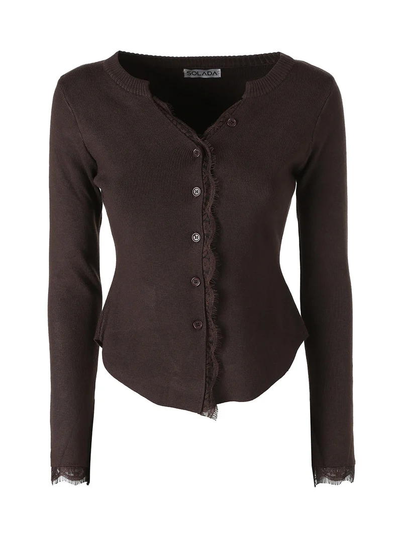 Cardigan donna in maglia con bottoni e maniche a campana con dettagli in pizzo - moro