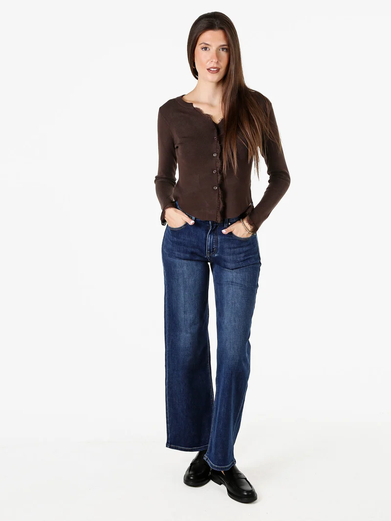 Cardigan donna in maglia con bottoni e maniche a campana con dettagli in pizzo - moro