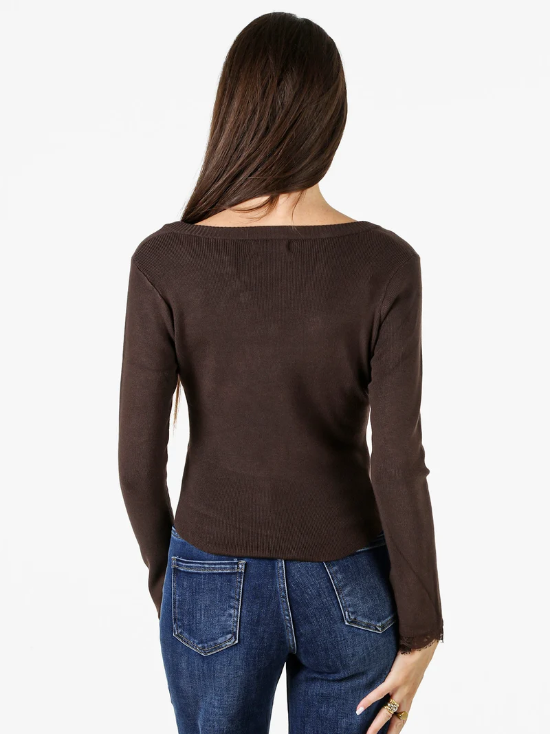 Cardigan donna in maglia con bottoni e maniche a campana con dettagli in pizzo - moro