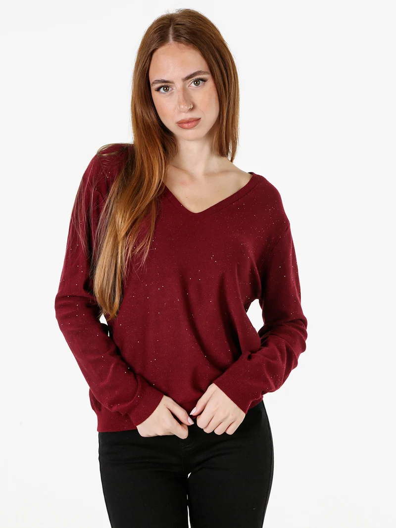 Maglia donna con scollo a V e dettagli di mini paillettes - bordeaux