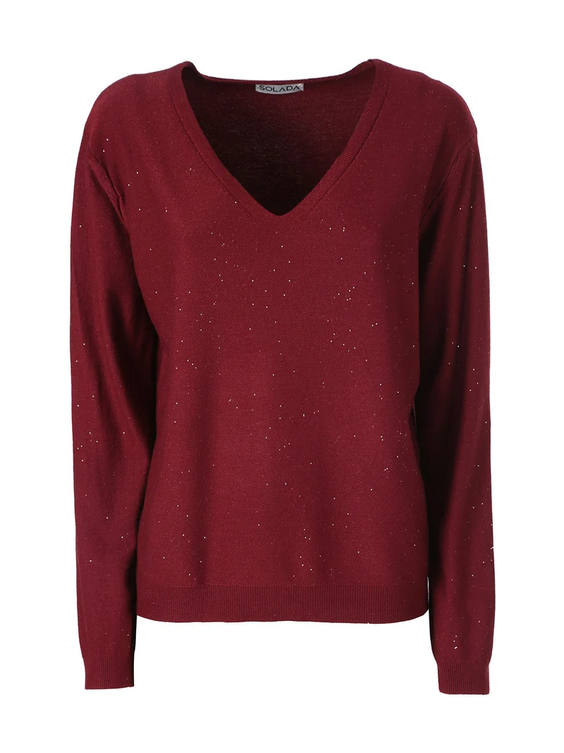 Maglia donna con scollo a V e dettagli di mini paillettes - bordeaux