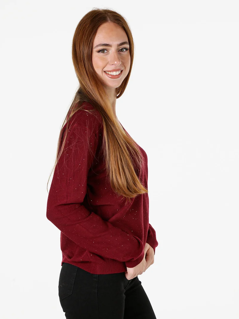Maglia donna con scollo a V e dettagli di mini paillettes - bordeaux