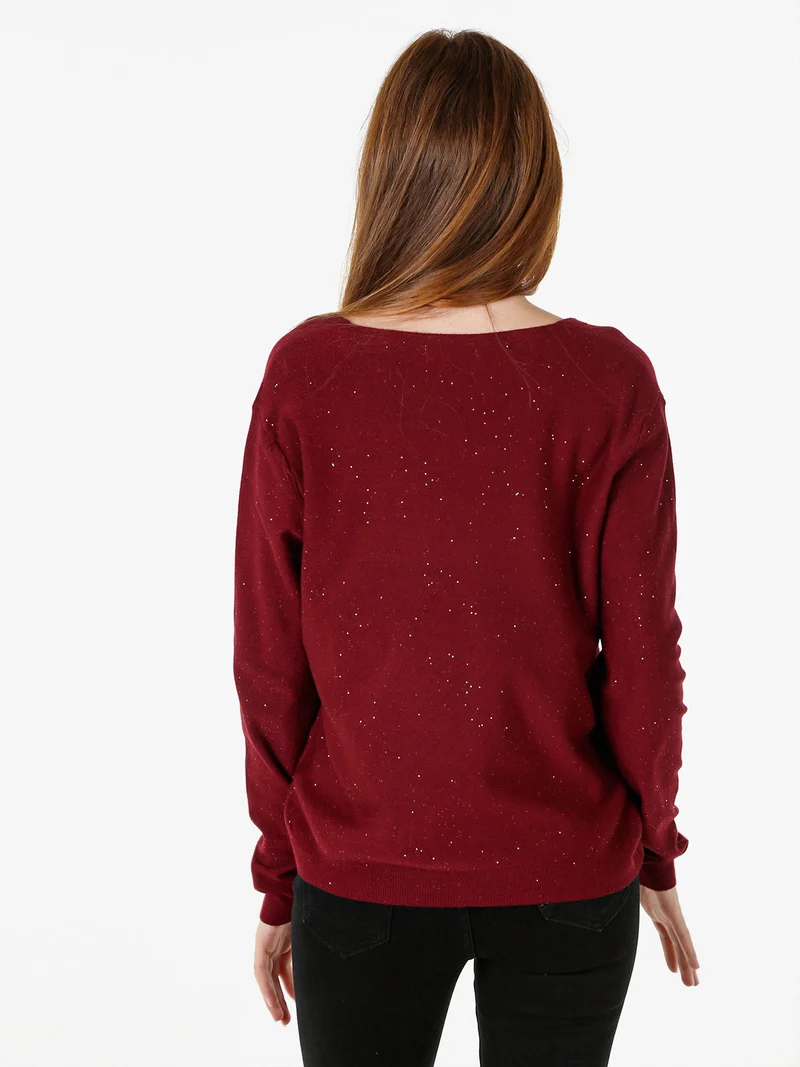 Maglia donna con scollo a V e dettagli di mini paillettes - bordeaux
