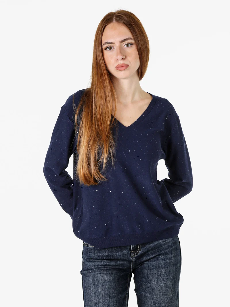 Maglia donna con scollo a V e dettagli di mini paillettes - blu scuro
