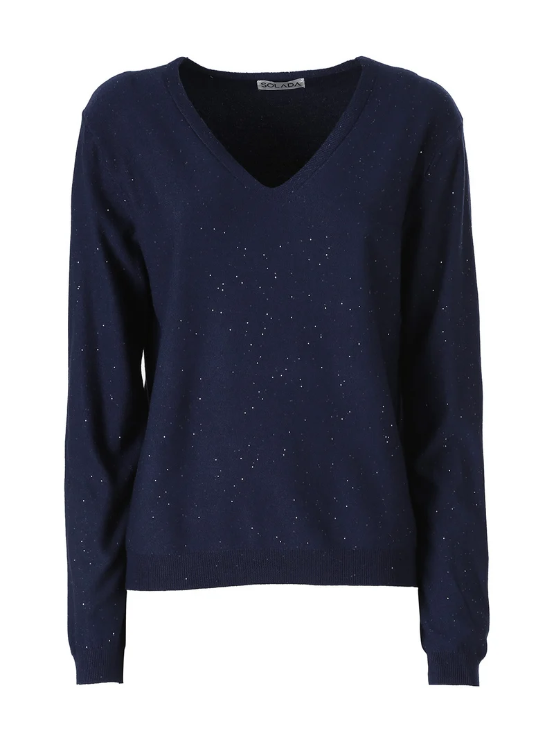 Maglia donna con scollo a V e dettagli di mini paillettes - blu scuro