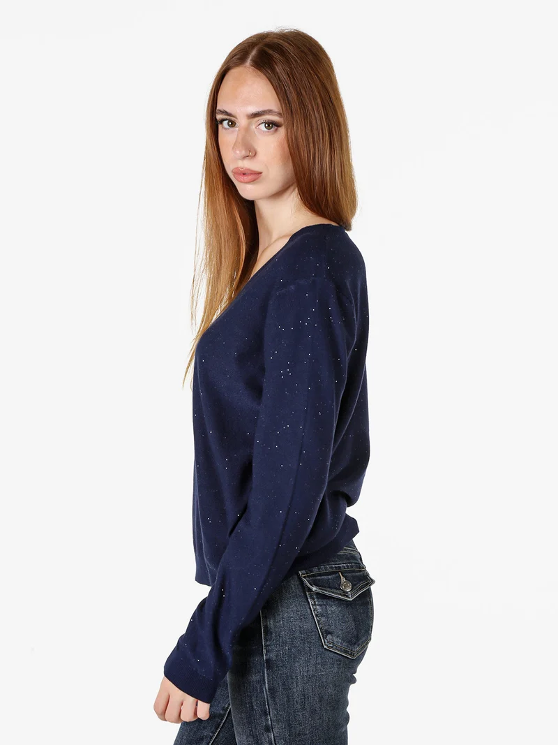 Maglia donna con scollo a V e dettagli di mini paillettes - blu scuro