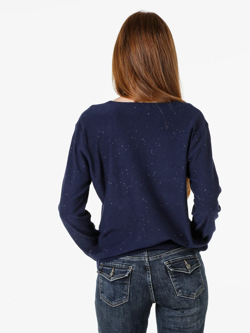 Maglia donna con scollo a V e dettagli di mini paillettes - blu scuro