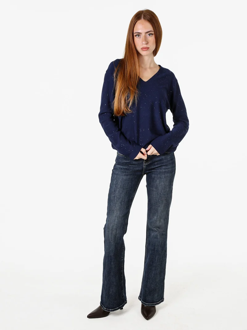 Maglia donna con scollo a V e dettagli di mini paillettes - blu scuro
