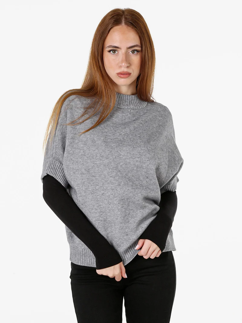 Maglia donna poncho accollata con maniche corte - grigio