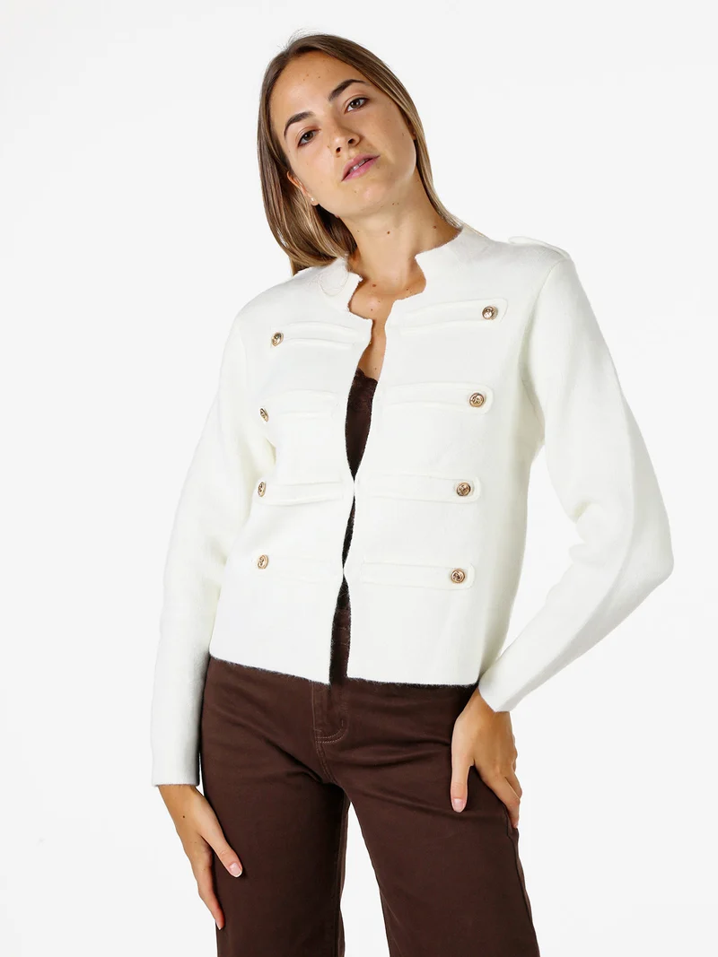 Giacca donna in maglia con bottoni decorativi dorati - bianco