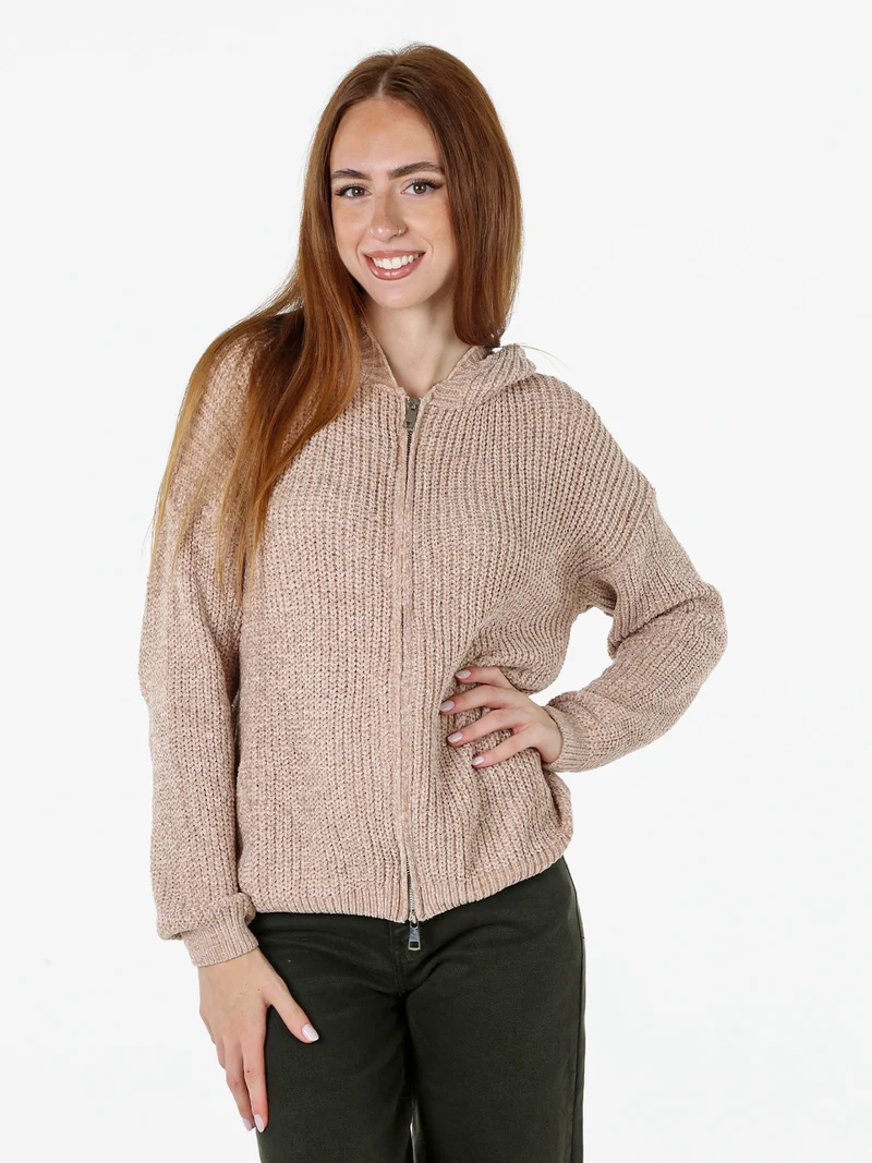 Felpa da donna in ciniglia con cappuccio e zip - beige