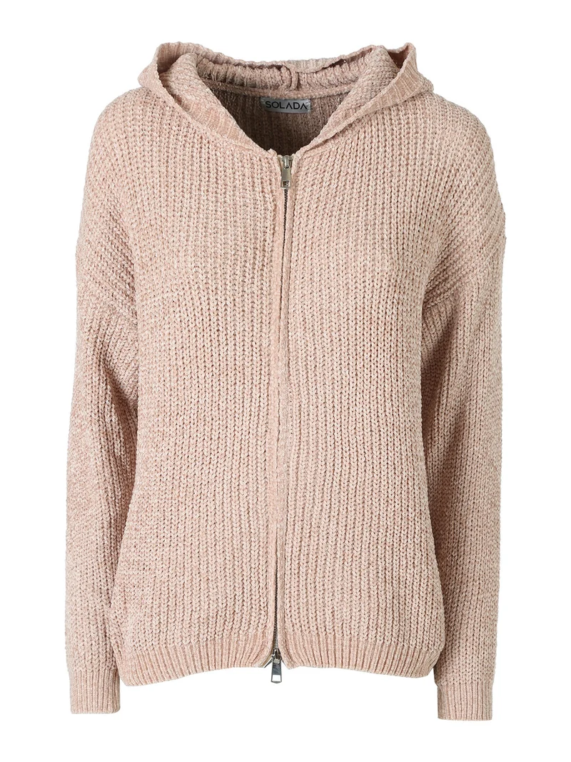 Felpa da donna in ciniglia con cappuccio e zip - beige