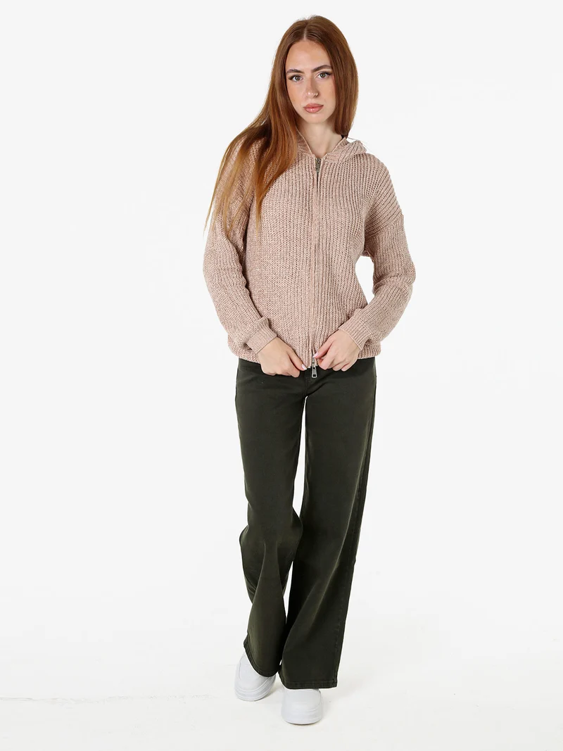 Felpa da donna in ciniglia con cappuccio e zip - beige