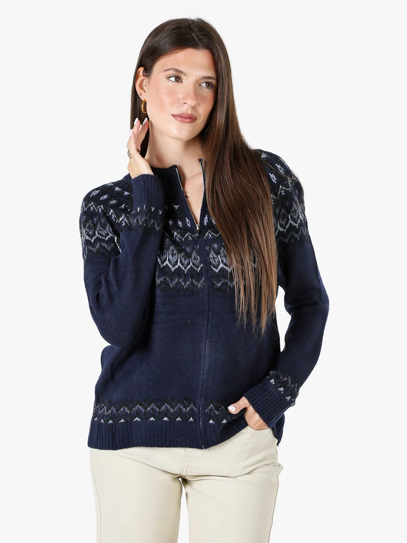 Cardigan donna in maglia con zip - blu scuro