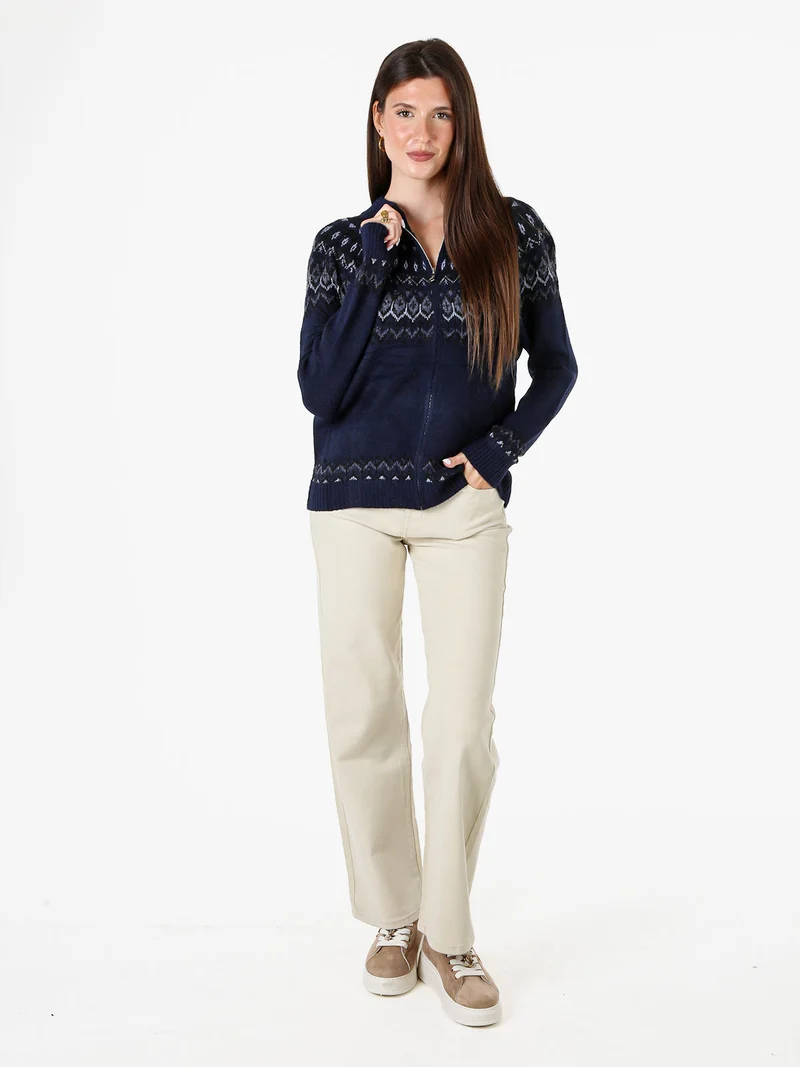 Cardigan donna in maglia con zip - blu scuro