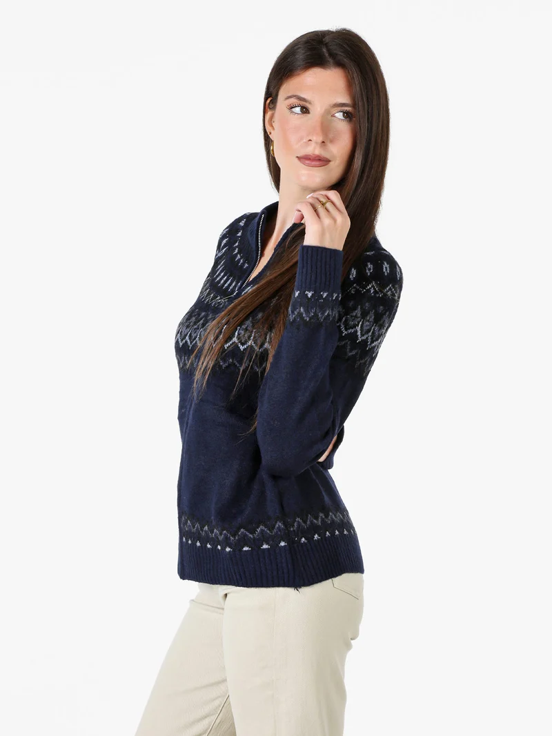 Cardigan donna in maglia con zip - blu scuro