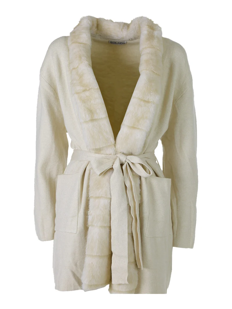 Cardigan donna in maglia con cintura e dettagli in ecopelliccia - panna