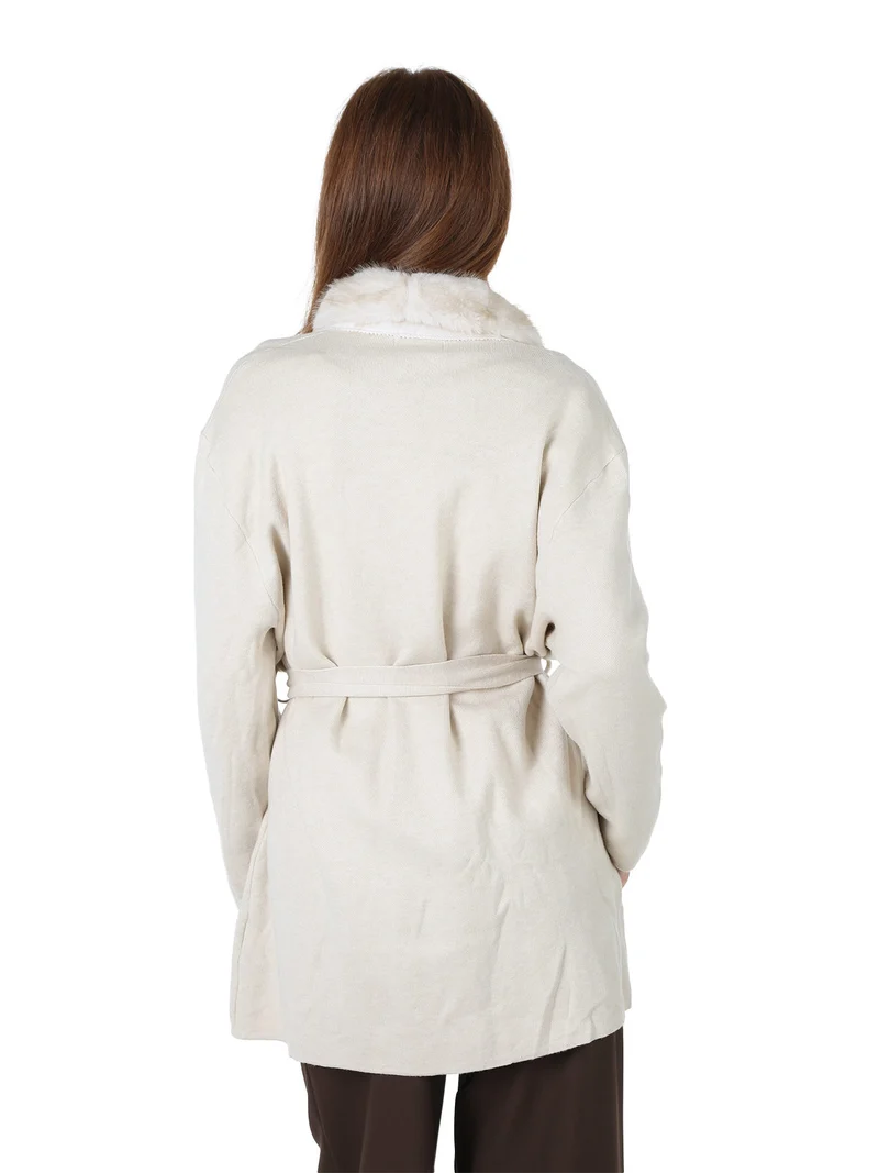 Cardigan donna in maglia con cintura e dettagli in ecopelliccia - panna