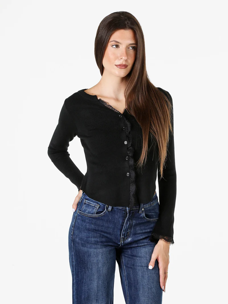 Cardigan donna in maglia con bottoni e maniche a campana con dettagli in pizzo - nero
