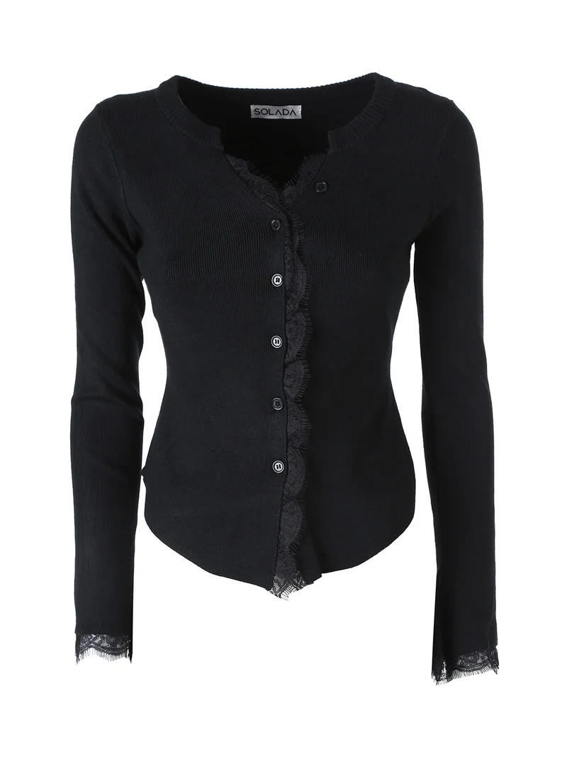 Cardigan donna in maglia con bottoni e maniche a campana con dettagli in pizzo - nero