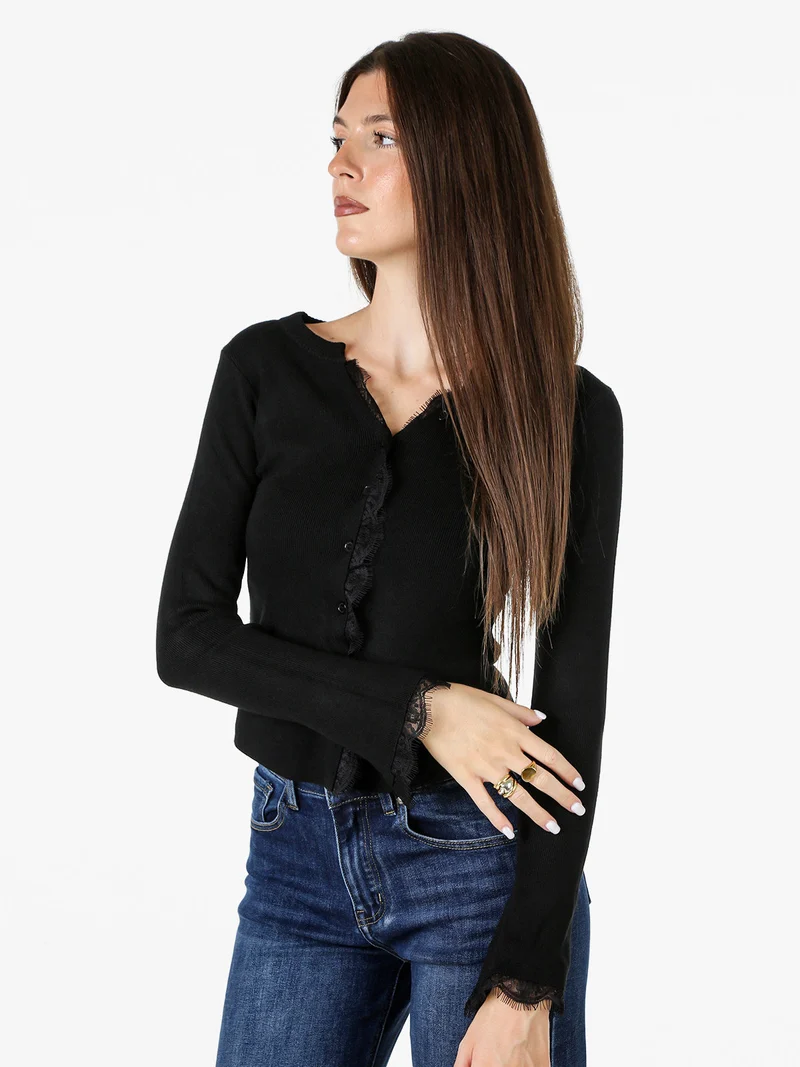 Cardigan donna in maglia con bottoni e maniche a campana con dettagli in pizzo - nero