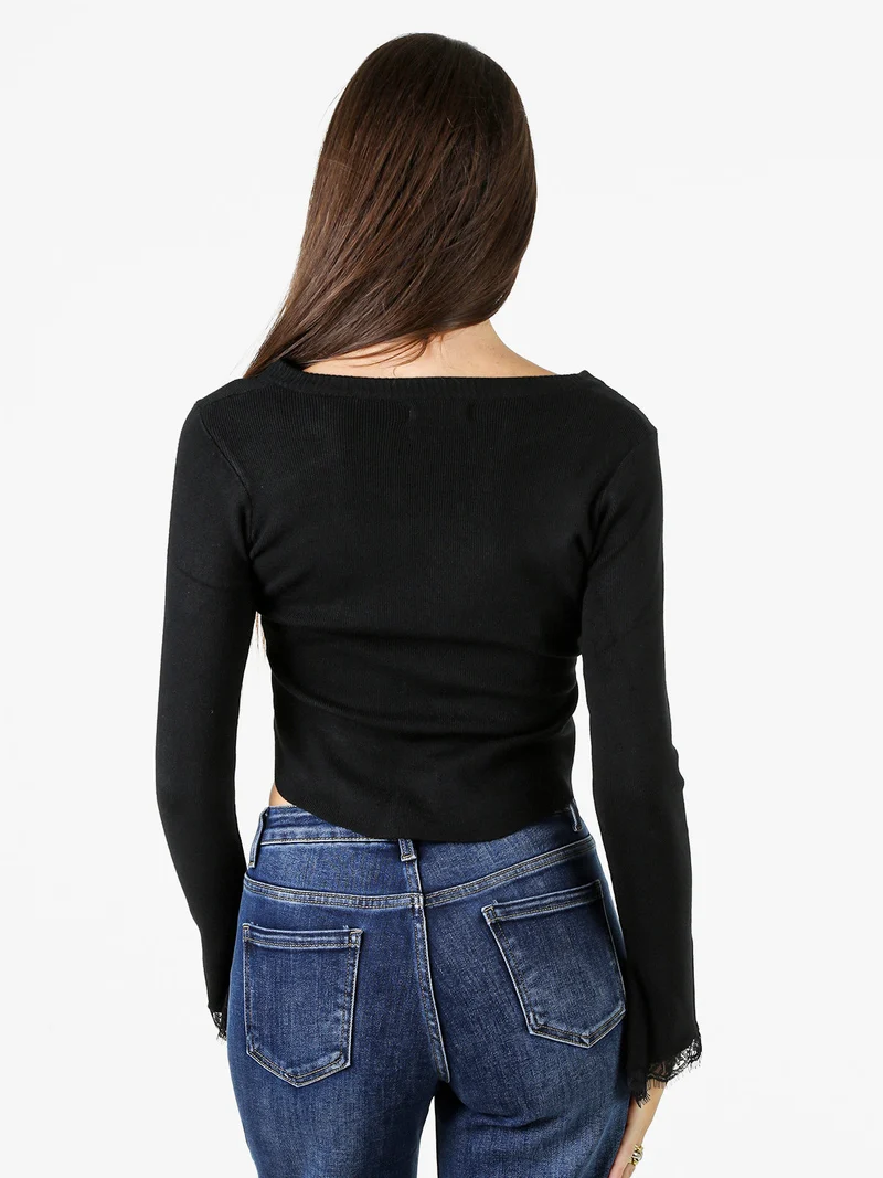 Cardigan donna in maglia con bottoni e maniche a campana con dettagli in pizzo - nero