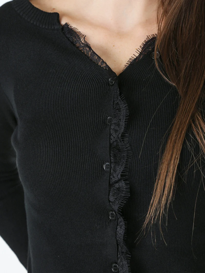 Cardigan donna in maglia con bottoni e maniche a campana con dettagli in pizzo - nero