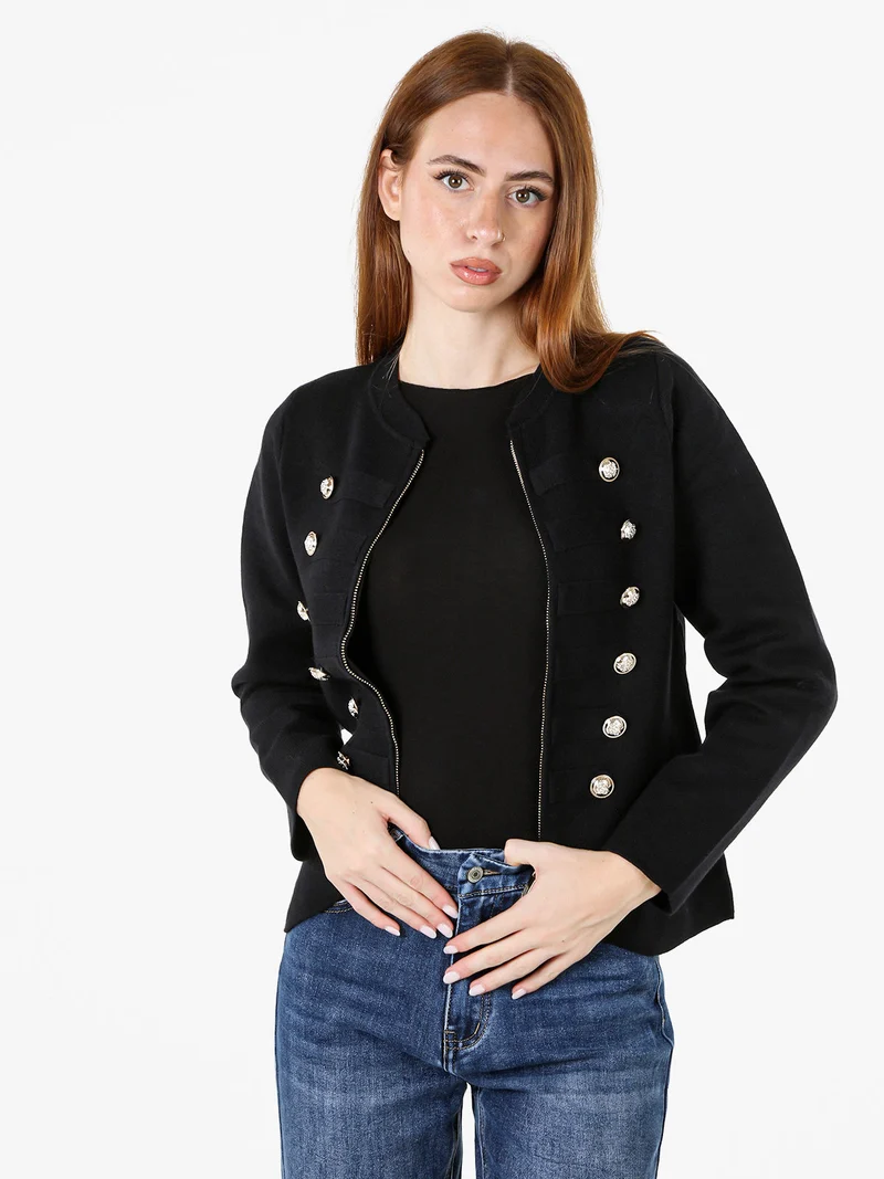 Giacca da donna in maglia con cerniera e bottoni dorati - nero