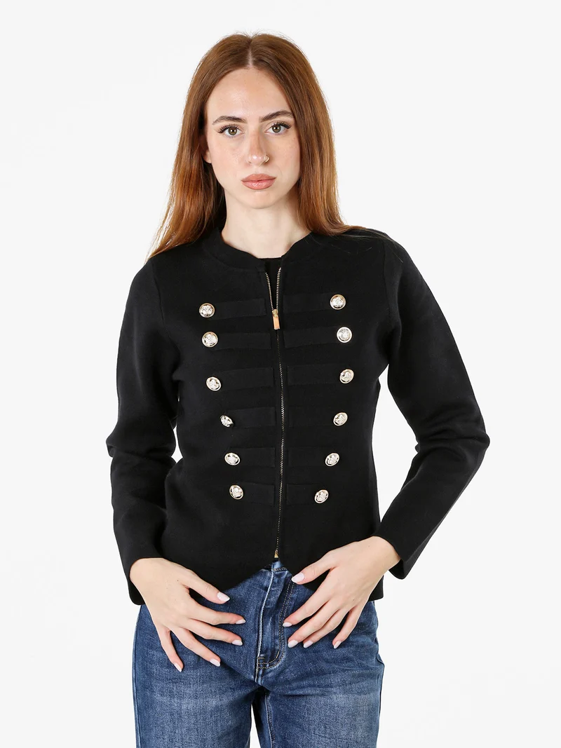 Giacca da donna in maglia con cerniera e bottoni dorati - nero