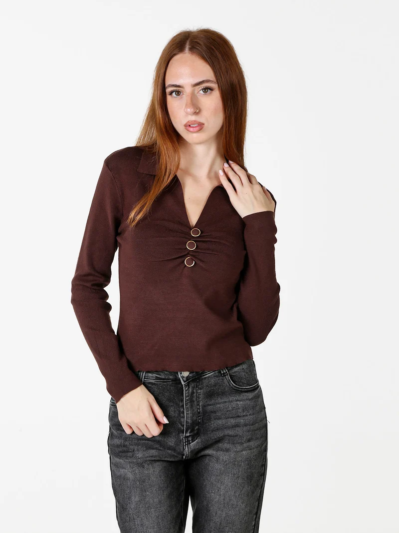 Maglia donna con scollo a V e colletto - moro
