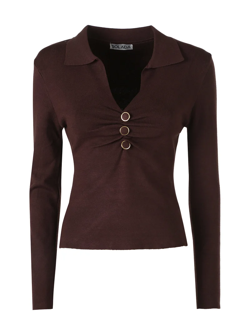 Maglia donna con scollo a V e colletto - moro
