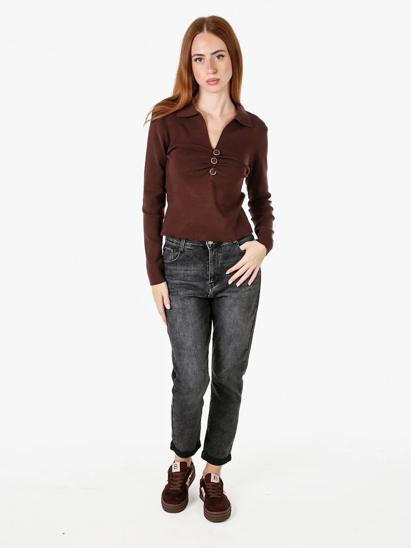 Maglia donna con scollo a V e colletto - moro