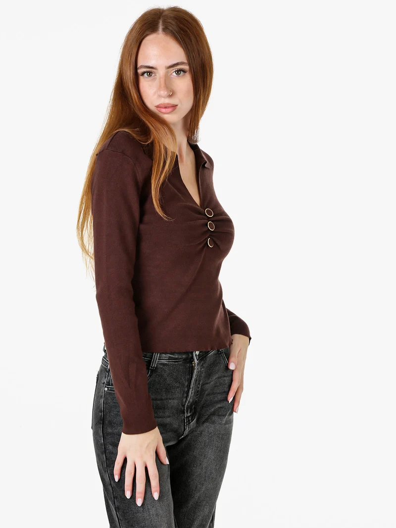 Maglia donna con scollo a V e colletto - moro