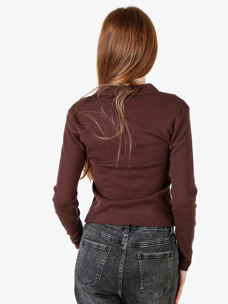 Maglia donna con scollo a V e colletto - moro