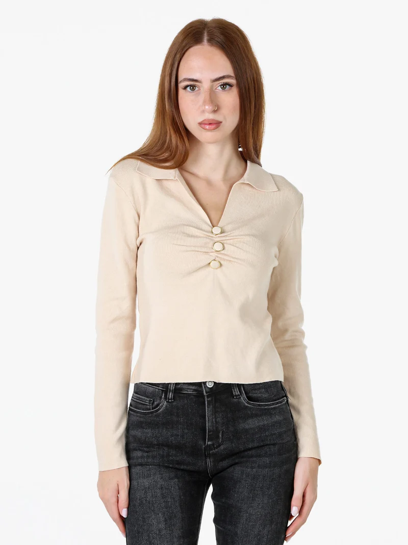 Maglia donna con scollo a V e colletto - beige