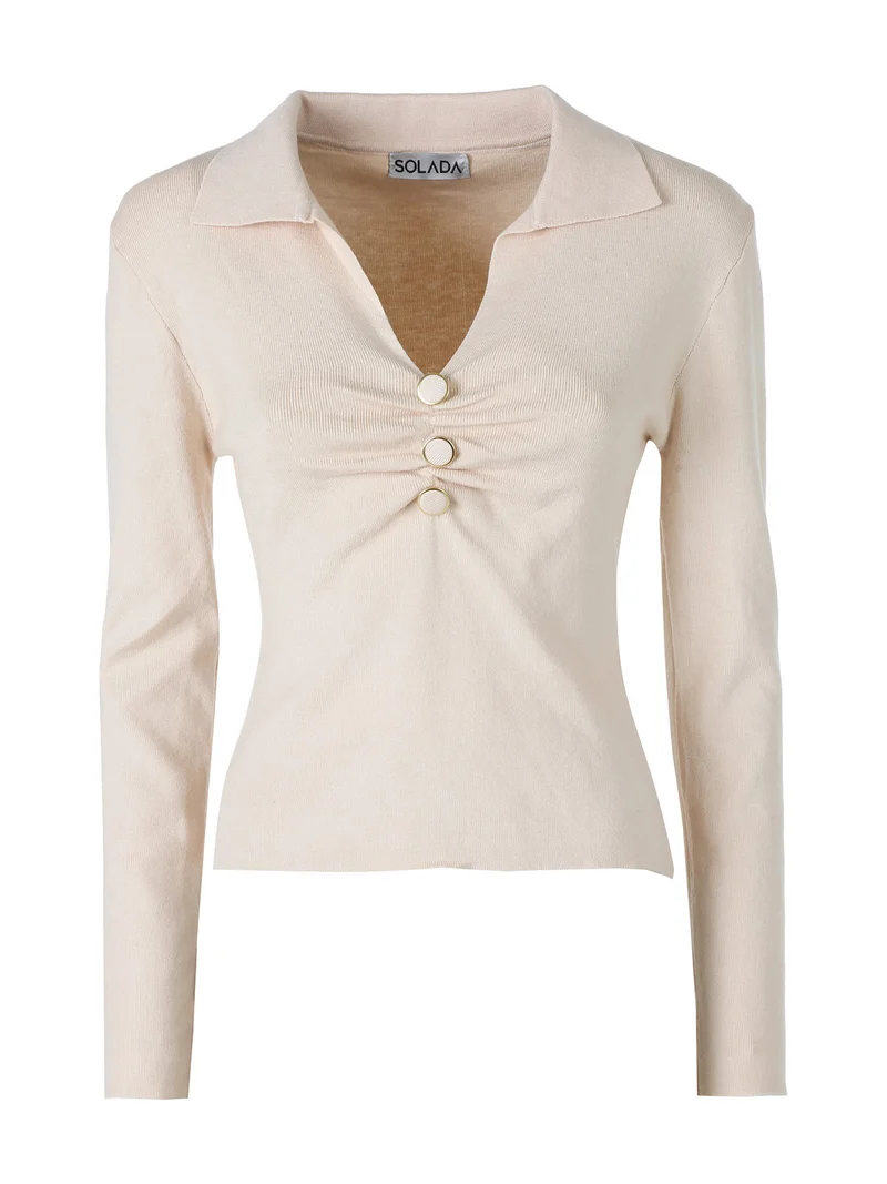 Maglia donna con scollo a V e colletto - beige