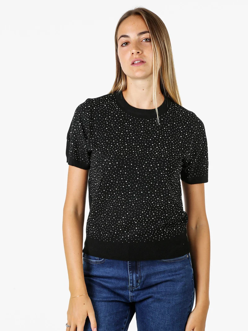 Maglia donna a maniche corte con micro borchie - nero