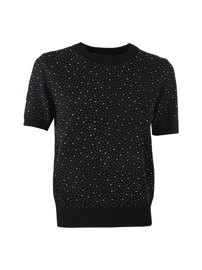 Maglia donna a maniche corte con micro borchie - nero