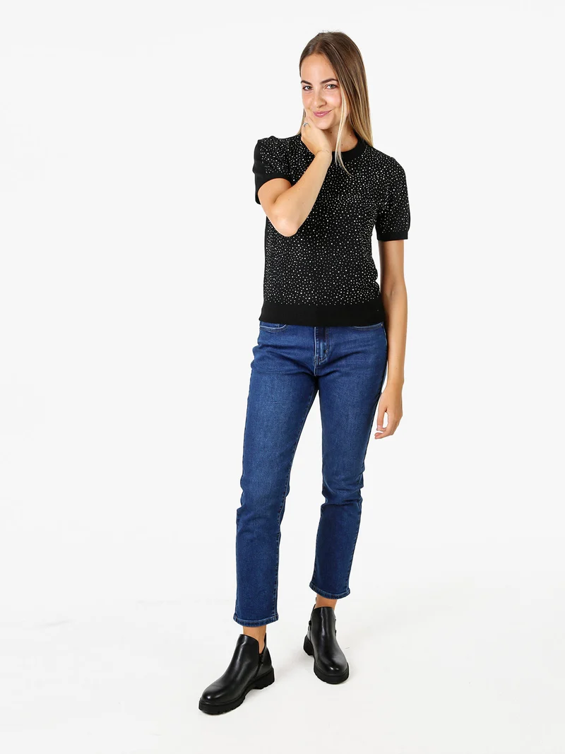 Maglia donna a maniche corte con micro borchie - nero